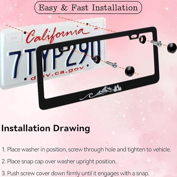 2pcs Ocean Wave Mountains License Plate Frame for Women, Funny Ocean Waves car Decorative tag Frames Girly,Forest License Plate Cover Holder for Vehicle with Double Sided car Keychain tag