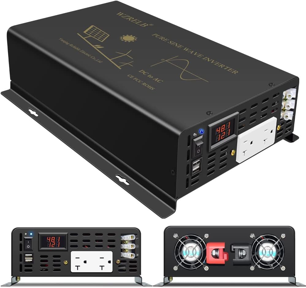 WZRELB 3000W Pure Sine Wave Power Inverter 48VDC to 120VAC 6000W Peak Dual AC Outlets 2× 2.4A USB Port &Hardwire Terminal Off-Grid Solar Converter RV Trucks (U5-300048)