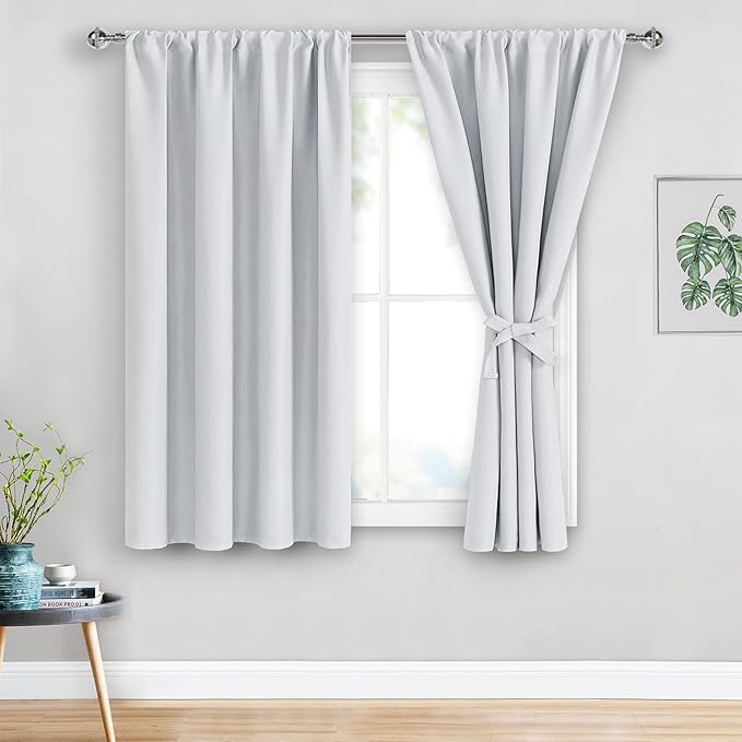 JIUZHEN Curtains for Bedroom - Thermal Insulated Room Darkening Drapes, Rod Pocket Curtains with Tiebacks, Window Panels for Kitchen Dining Room, 38 x 45 Inch Length, Greyish White