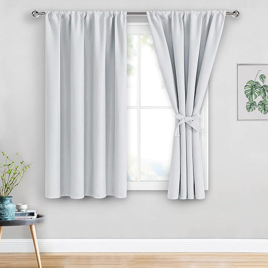 JIUZHEN Curtains for Bedroom - Thermal Insulated Room Darkening Drapes, Rod Pocket Curtains with Tiebacks, Window Panels for Kitchen Dining Room, 38 x 45 Inch Length, Greyish White