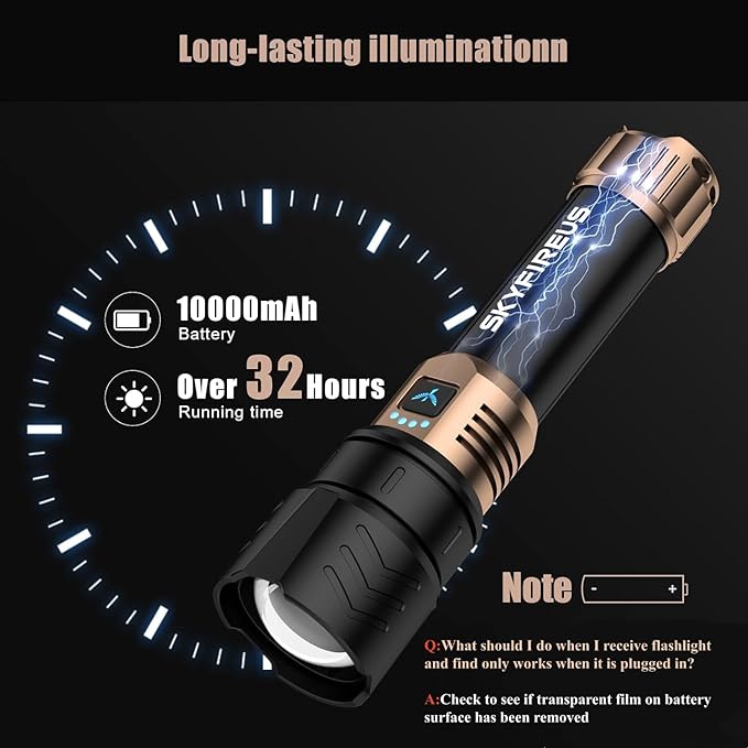 SKYFIRE Rechargeable Flashlight High Lumens,10000mAh Super Bright Flashlight,Zoomable,Four Modes,Waterproof LED Flash Light for Camping Essentials,Outdoor and Home Emergencies