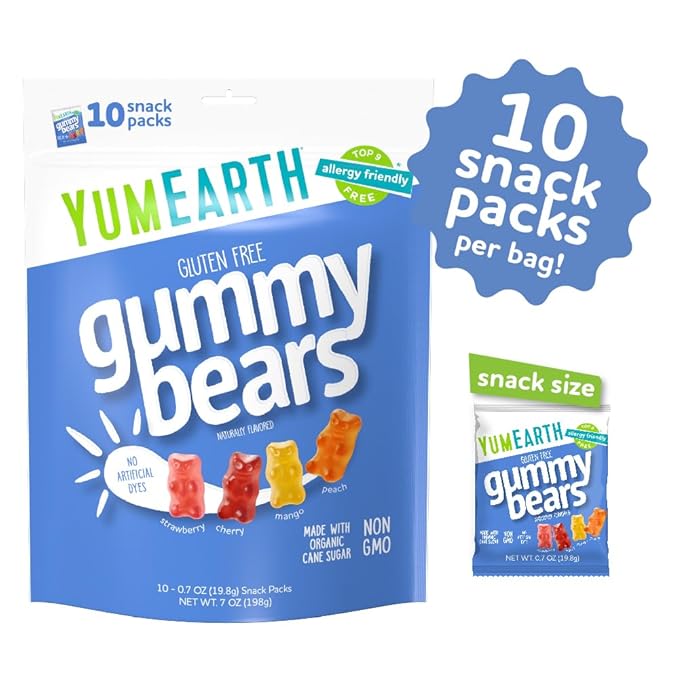 YumEarth Organic Fruit Flavored Gummy Bears, 10- .7oz. Snack Packs, Allergy Friendly, Gluten Free, Non-GMO, No Artificial Flavors or Dyes
