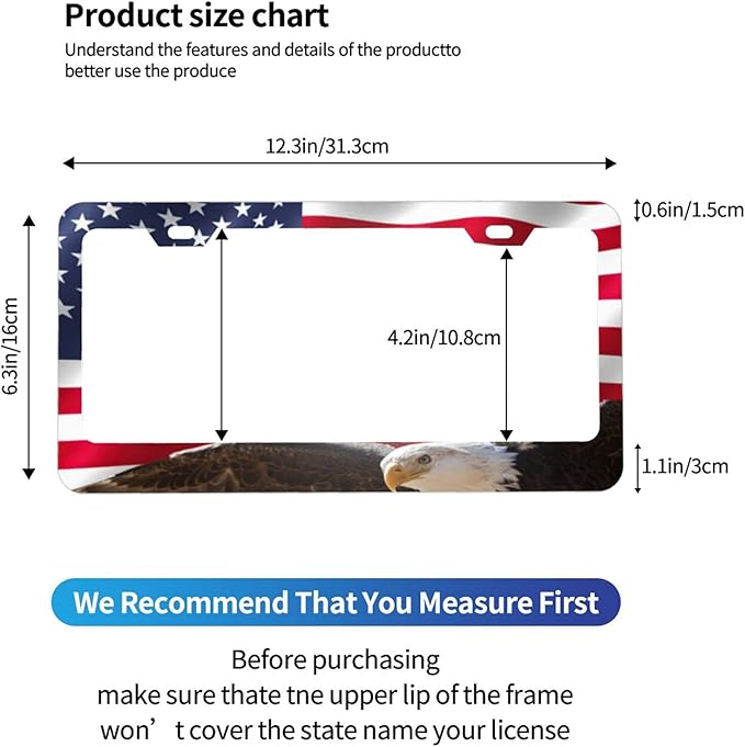 Eagle USA Flag License Plate Frames Funny Cute for USA Canada Vehicles Standard Car Tag Cover Holder Aluminum Metal for Women Men Auto Decoration Hardware Included 2 Pack