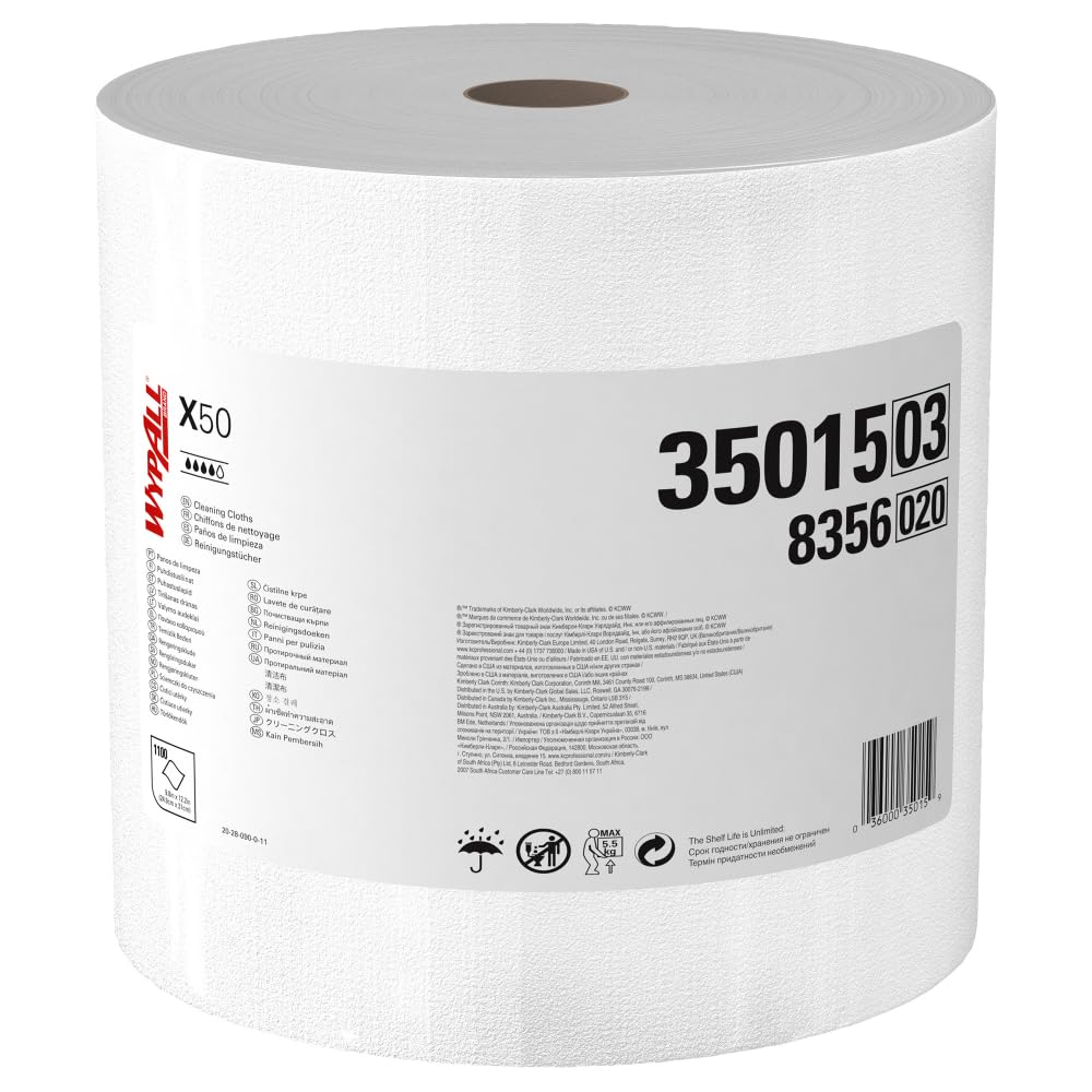 WypAll GeneralClean X50 Cloths Cleaning Wipes (35015), Jumbo, Strong Towels for Extended Use, White (1 Roll of 1,100 Sheets, 1,100 Sheet Total)