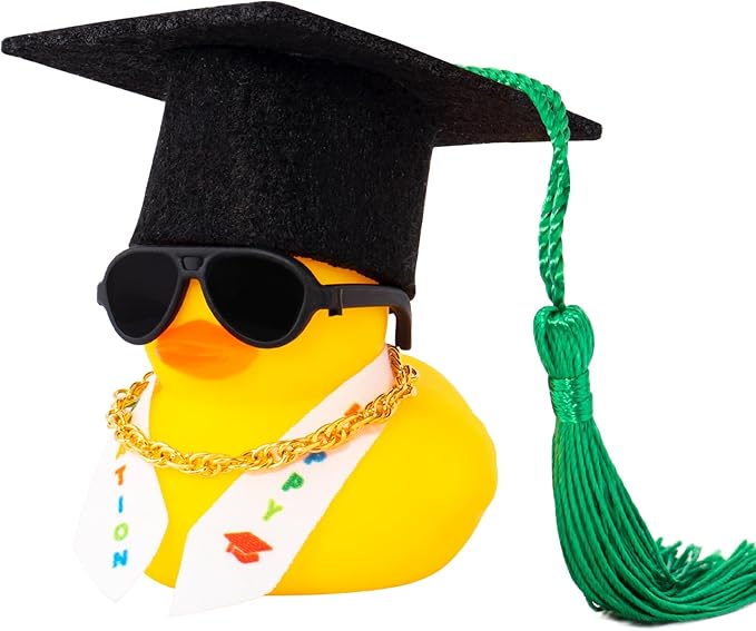 wonuu Graduation Stole Rubber Ducks, Dashboard Decorations Duck for Car Ornament Accessories with Hat Sunglasses Sash Chain (Green)