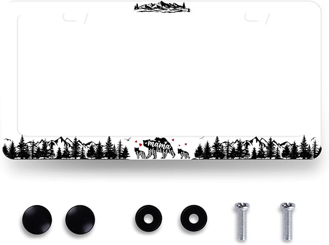 Mama Bear License Plate Frame Forest Mountains Camping License Plate Holder Funny Auto Parts Stainless Steel Universal Cars Decoration for Men Women 12.2" x 6.2"