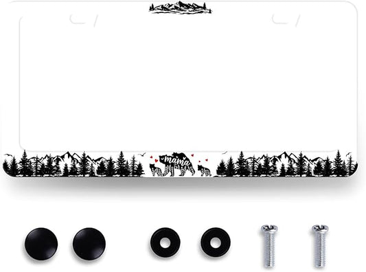 Mama Bear License Plate Frame Forest Mountains Camping License Plate Holder Funny Auto Parts Stainless Steel Universal Cars Decoration for Men Women 12.2" x 6.2"
