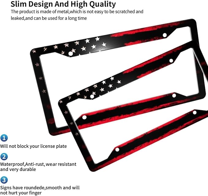 License Plate Frame 2 Pack Front Rear Aluminum Metal Rust-Proof Universal Car Tag Frames Holder with 4 Holes Car Decor Accessory with Screws for Men Women - Black Red American Flag