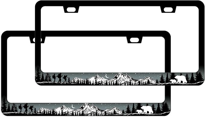 Mountains License Plate Frames 2 Pack - Adventure Awaits License Plate Frames Camping Animal Bear Car Tag Frames Auto Wildlife Plates Tags for Women Men