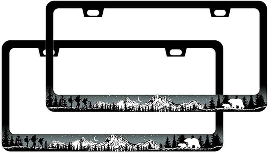 Mountains License Plate Frames 2 Pack - Adventure Awaits License Plate Frames Camping Animal Bear Car Tag Frames Auto Wildlife Plates Tags for Women Men