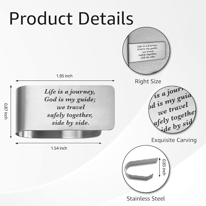 Life is A Journey God is My Guide We Travel Safely Together Side by Side Engraved Stainless Steel Car Visor Clip, Drive Safe Car Accessories, Guardian Angel Gifts for Family Friend Couple