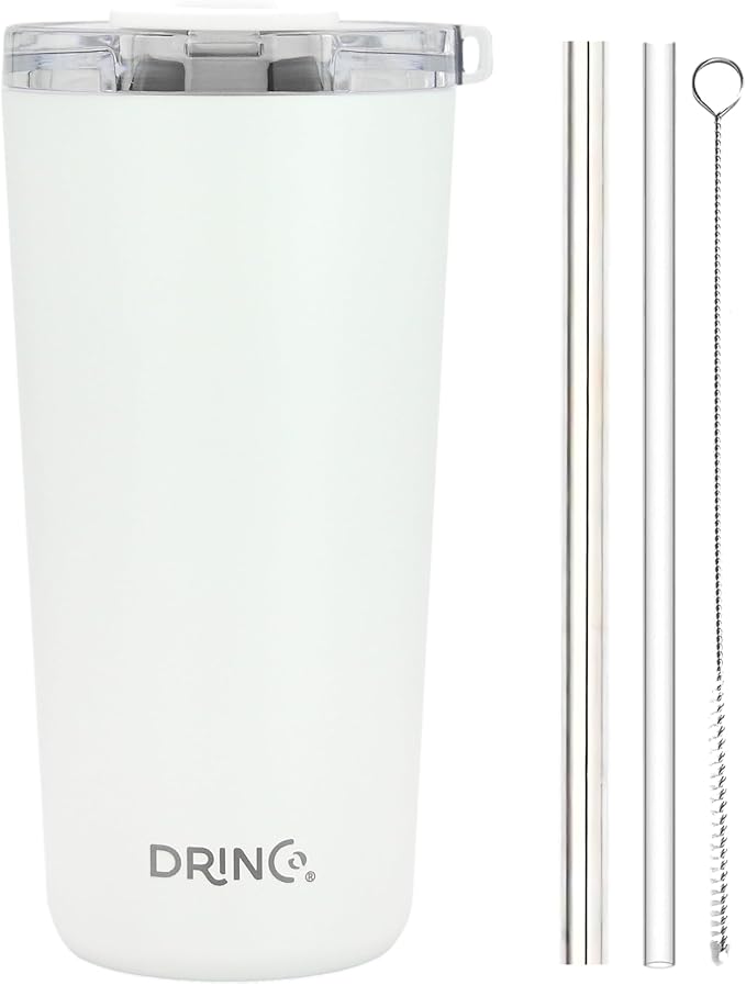 Drinco - 20 oz Stainless Steel Tumbler | Double Walled Vacuum Insulated Mug With Lid, 2 Straws, For Hot & Cold Drinks (20oz Artic White, 20oz)