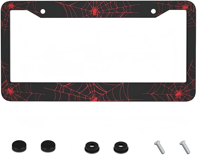 Red Spider Web License Plate Frame - 1 Pack Novelty Black Cobweb License Plate Holder，Aluminum Metal Car Tag Cover with 2 Holes and Screws，Customized Decorative for US Vehicle Standard for Women Men