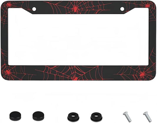 Red Spider Web License Plate Frame - 1 Pack Novelty Black Cobweb License Plate Holder，Aluminum Metal Car Tag Cover with 2 Holes and Screws，Customized Decorative for US Vehicle Standard for Women Men