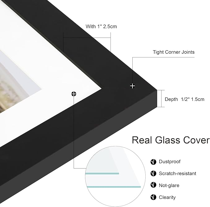 10x10 Picture Frame Set of 4, Made of Real Glass and Black Wooden Frame - Display Picture 8x8 with Mat or 10 x 10 Without Mat, 10 by 10 Photo for Wall or Tabletop