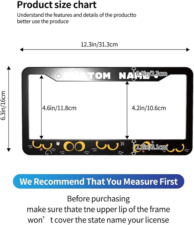 Custom License Plate Frame Cat - 2 Pack Personalized Add Text Black Custom License Plate Frame with Standard Us Canada Vehicles 12.3 X 6.3in