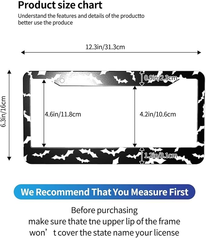 Black Bat License Plate Frame - 2Pcs Halloween Bat License Plate Holder Goth Gothic Car Decorative Accessories Cute Metal License Plate Cover for Men and Women Standard U.S. License Plate with Screws