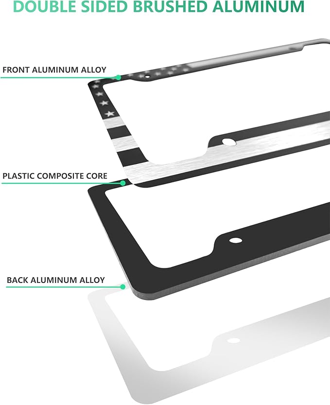 American Flag License Plate Frame- Black Front Rear Patriotic USA ‌Car Tag Frames, 2 Pack Heavy Duty Brushed Aluminum Plastic Composite Holder with Screws Caps