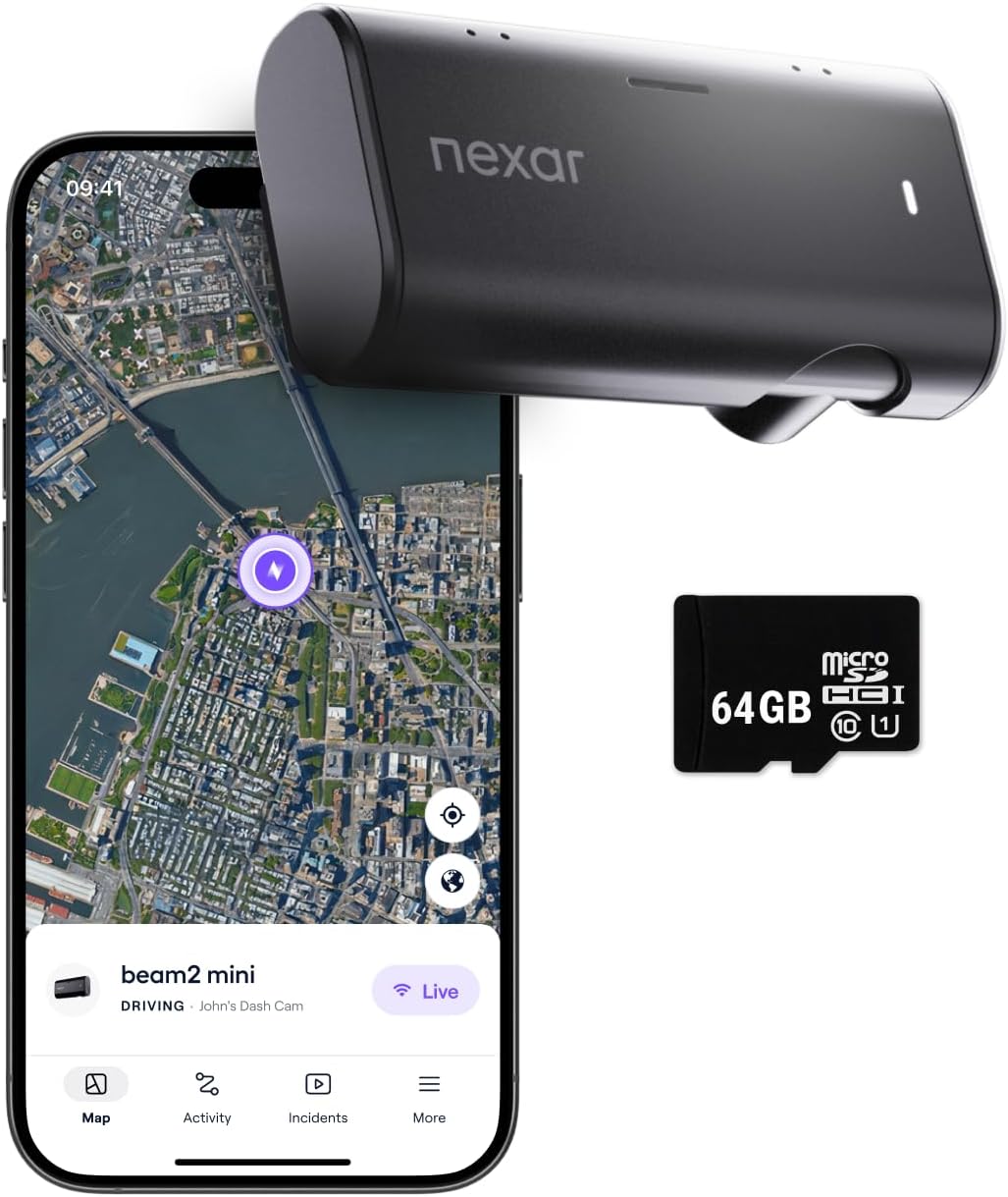 Nexar Beam2 Mini Dash Cam Car Camera 64GB Storage 24H Parking Mode Wide Angle FHD Lens Wireless Dash Camera for Cars Includes $25 OBD Hardwire Kit for Continuous Power