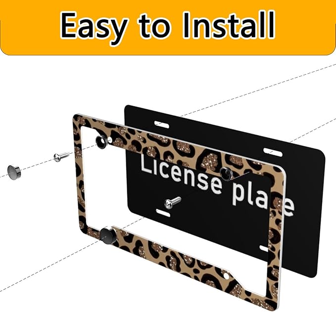 License Plate Frame 2 Pack Front Rear Aluminum Metal Rust-Proof Universal Car Tag Frames Holder with 4 Holes Car Decor Accessory with Screws for Men Women - Vintage Brown Gold Leopard