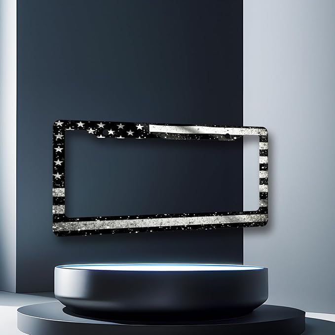 Black Grey American Flag License Plate Frame Retro Flag License Plate Stainless Steel Patriotic Accessory Cars Decor for Men Women 12.2 X 6.2 Inch with Holes Screws Fits Standard Us Ca Vehicles