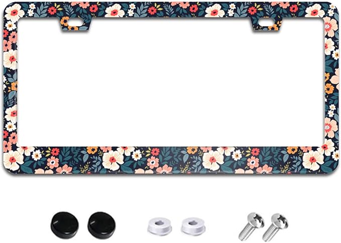 Folk Colorful Floral License Plate Frame Flowers License Plate Frames Aluminum Car Accessories Cover with 2 Holes and Screws 12 x 6 Inch for Front Rear Car Plate Decor for Women Men