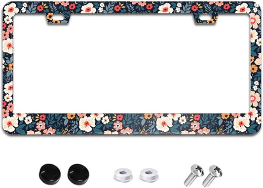 Folk Colorful Floral License Plate Frame Flowers License Plate Frames Aluminum Car Accessories Cover with 2 Holes and Screws 12 x 6 Inch for Front Rear Car Plate Decor for Women Men