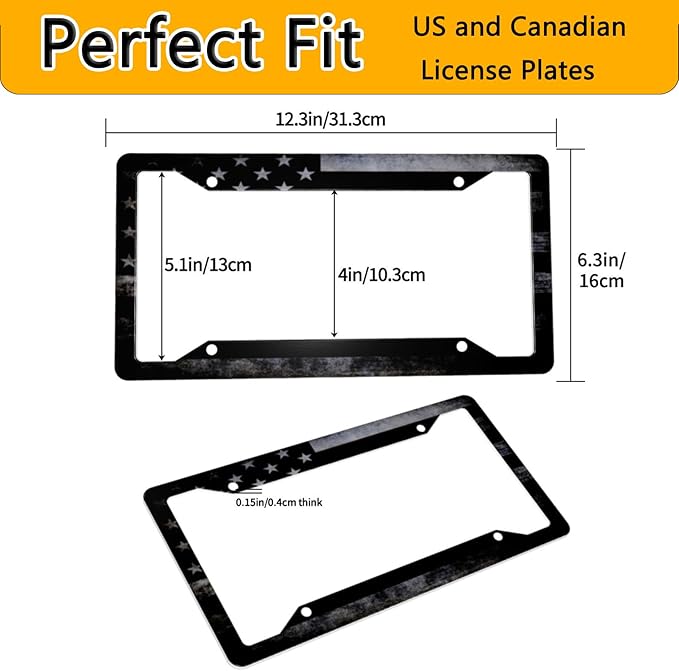 License Plate Frame 2 Pack Front Rear Aluminum Metal Rust-Proof Universal Car Tag Frames Holder with 4 Holes Car Decor Accessory with Screws for Men Women - Vintage Black American Flag