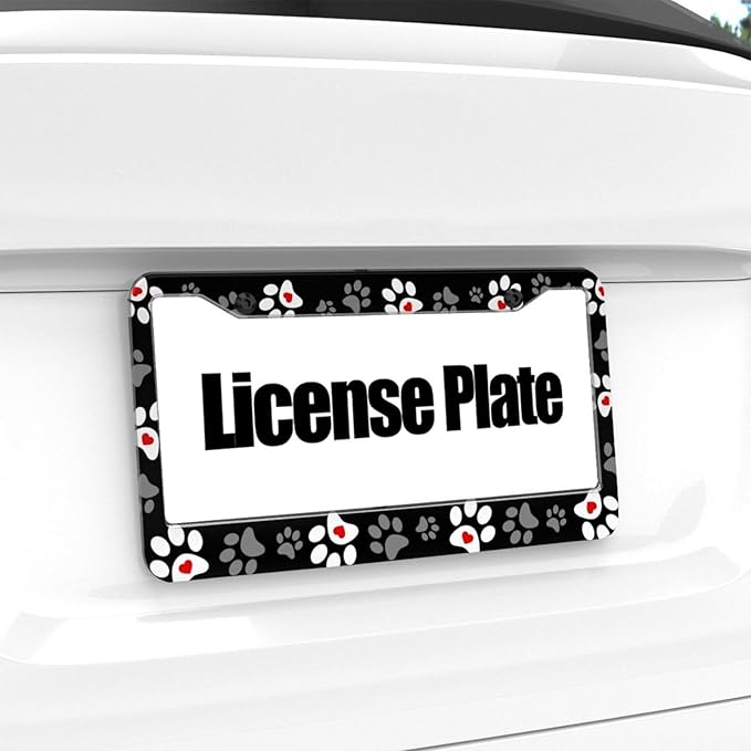 Paw Print License Plate Frame - 1 Pack Personalized Black Love Dog Paw License Plate Holder Aluminum Metal Car Tag Cover with 2 Holes Customized Decorative for US Vehicle Standard for Women Men