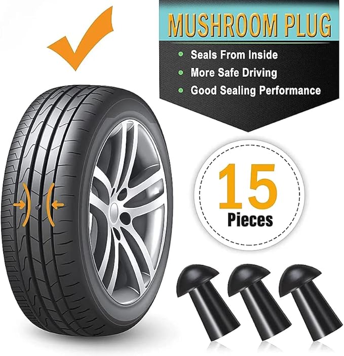 GRAND PITSTOP Tubeless Tire Gun Puncture Repair Kit with Mushroom Plug for Tyre Punctures and Flats on Cars, Motorcycles, ATV, Trucks & Tractors (Gun Puncture kit 15 Plugs, Green)