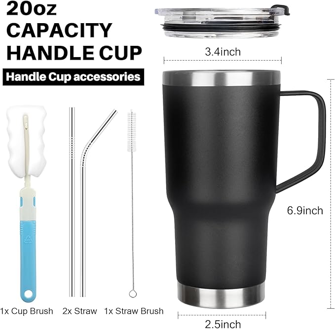 20 oz Tumbler with Handle, Stainless Steel Insulated Tumbler with Lid and Straw, Double Wall Vacuum Coffee Mug Tumbler, Insulated Coffee Thermal Cup for Cold and Hot (Black)
