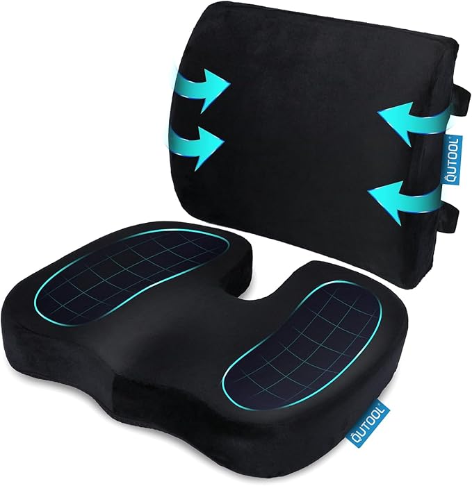 QUTOOL Orthopedic Seat Cushion and Lumbar Support Pillow for Office Chair & Car, Memory Foam with Washable Cover Ergonomic Desk Chair Cushion for Tailbone, Lower Back Pain, Sciatica Relief