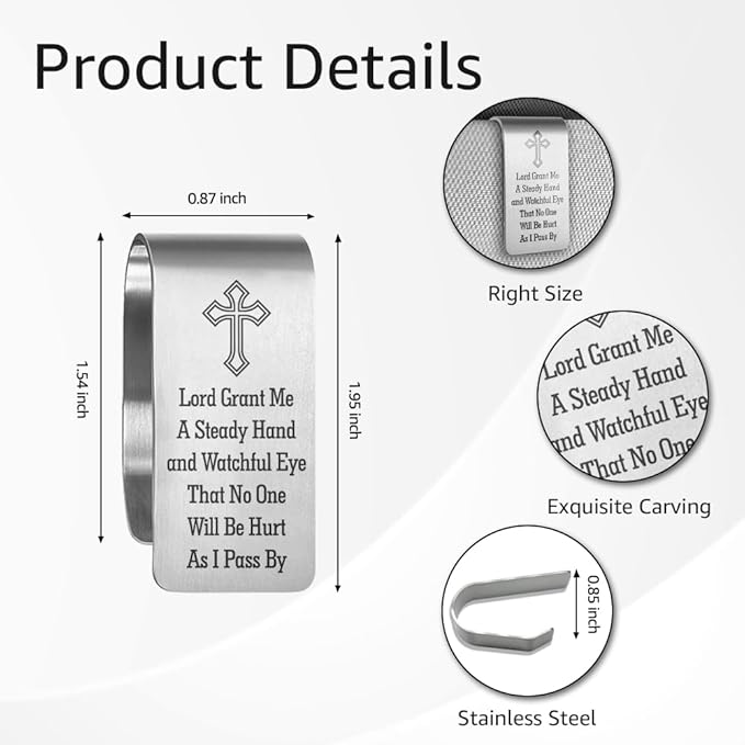 Lord Grant Me A Steady Hand and Watchful Eye Engraved Stainless Steel Car Visor Clip, Travels Visor Car Accessories for Women Men, Safe Driving Religious Gifts for Family Friend Driver