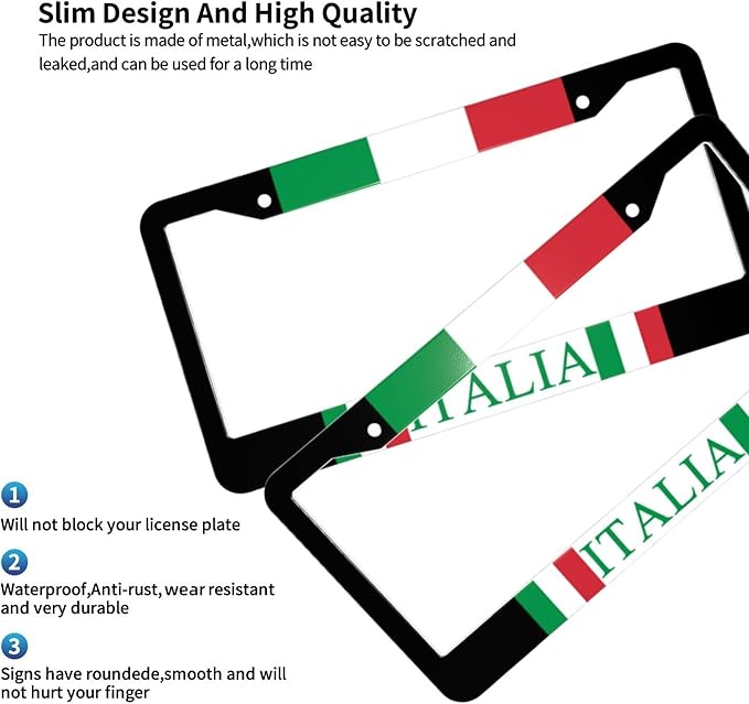 Italian Flag License Plate Frame - 1 Pack Aluminum Metal License Plates Italy License Plate Holder Novelty Auto Car Tag Universal USA Car Accessories with 2 Holes