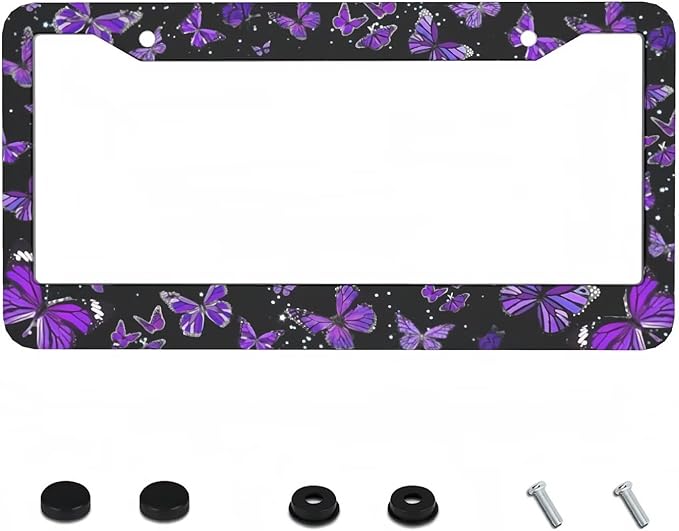 Purple Butterfly License Plate Frame - 1 Pack Beautiful Fluttering Butterfly License Plate Holder Aluminum Metal Car Tag Cover with 2 Holes Customized Decorative for Women US Vehicle Standard