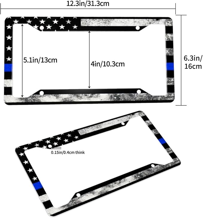 Vintage American Flag Thin Blue Line License Plate Frame - 1 Pack Personalized Patriotic License Plate Holder Aluminum Metal Car Tag Cover with 4 Holes Decoration for US Vehicle Standard for Women Men