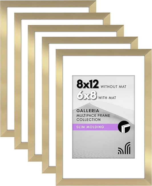 Americanflat 8x12 Picture Frame with Polished Plexiglass - Set of 5 - Use as 6x8 Frame with Mat or Display 8x12 Photo Without Mat - Galleria Collection - Picture Frames for Wall Display - Gold