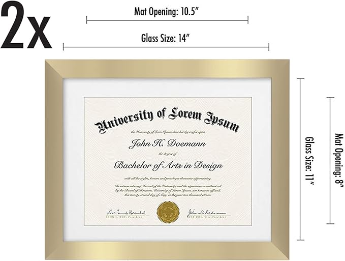 Americanflat 11x14 Gold Diploma Frame - Displays 8.5x11 Diplomas with Mat or 11x14 Inch Without Mat - Shatter-Resistant Glass. Hanging Hardware Included! (2 Pack)