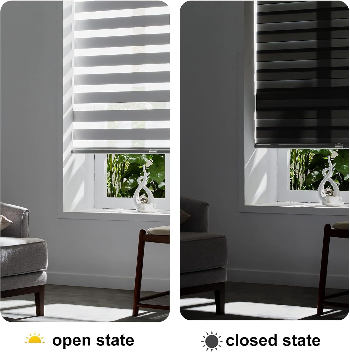 Persilux Cordless Zebra Blinds for Windows Shades (35.5" W x 64" H, Grey) Dual Layer Fabric Light Control for Day and Night Room Darkening Sheer Roller Shades for Home, Bedroom and Office