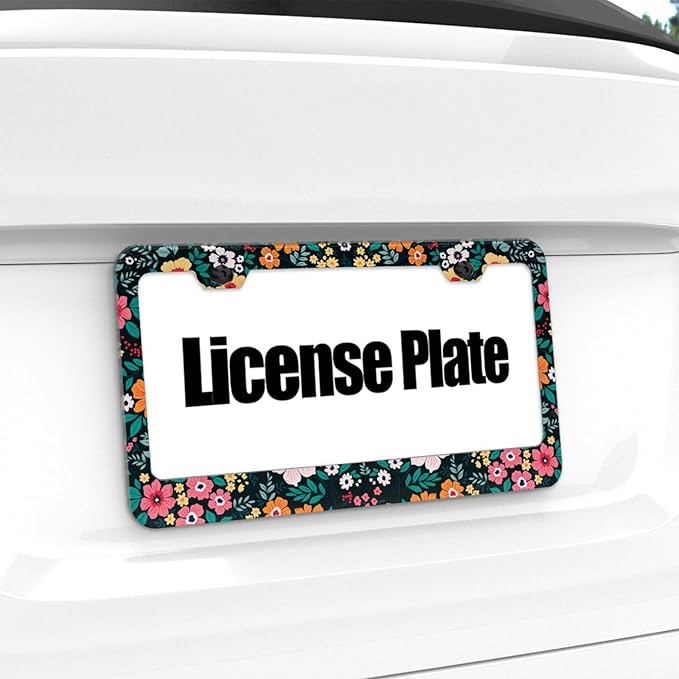 Folk Floral License Plate Frame, Colorful Flowers Women License Plate Cover, Aluminum License Plate Holder, Auto Parts Decoration 2 Holes with Screws 6 X 12 in