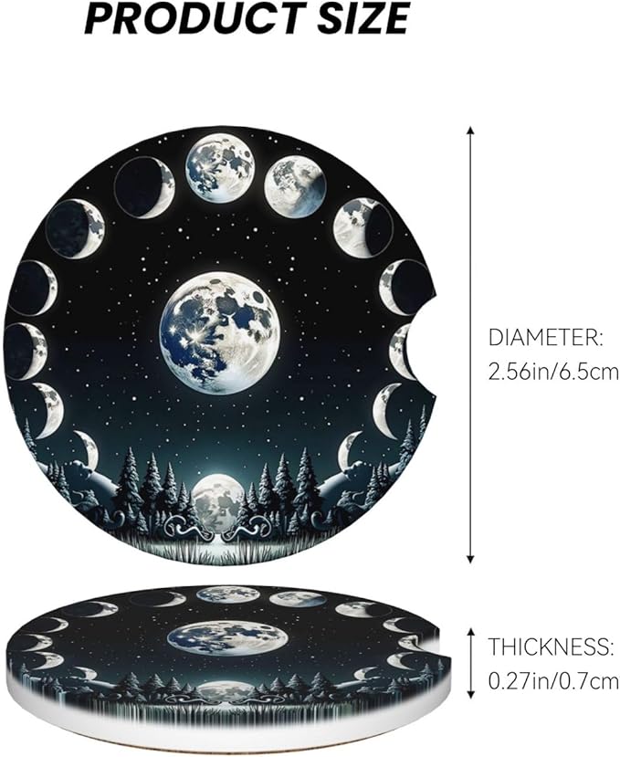 ABLESKY Car Coasters for Cup Holders, 2 Pack Absorbent Anti Slip Car Cup Holder Coasters, 2.56 Inch Ceramic Universal Size Auto Interior Accessories Women Men-Black Moon Forest Phase