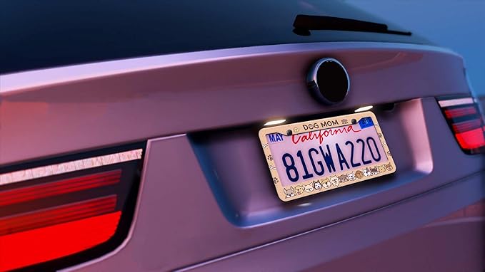 2PCS Yellow Dog Mom Pattern License Plate Frames for Men Women - Universal Aluminum Stainless Steel Car Pet Personalized Tag Covers Holder with Screws, Caps, Rattle Proof Pads and Handlebar Stickers