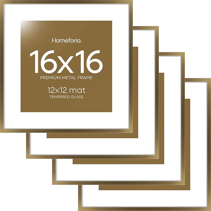 Homeforia 16x16 Picture Bronze Frames, High End Metal 16 x 16 Square Poster Frame with Mat 12 x 12 Photo, 16x16 Brass Frame Matted to 12x12 Print, 16by16 Thin Frames, Tempered Glass, Wall Kit, Set of 4