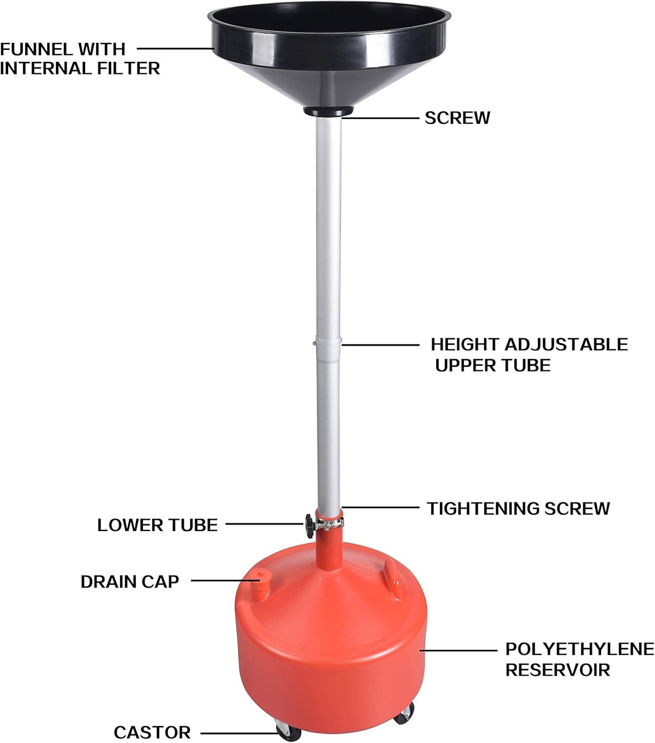 PONO 8 Gallon Portable Upright Oil Drain | Easily Recycle Automotive Waste Fluids | Adjustable Funnel Height | Use with Car Lifts | 16.5 Inch Funnel w/Built-in Strainer | Industrial Fluid Drain Tank