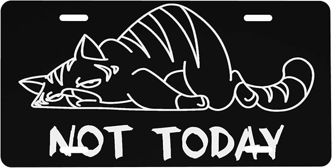Front License Plate Not Today Vanity Plates Aluminum Metal Decorative Car Tag Tired Cat Novelty License Plate Cover for Men Women ‎6 * 12 in (4 Holes)