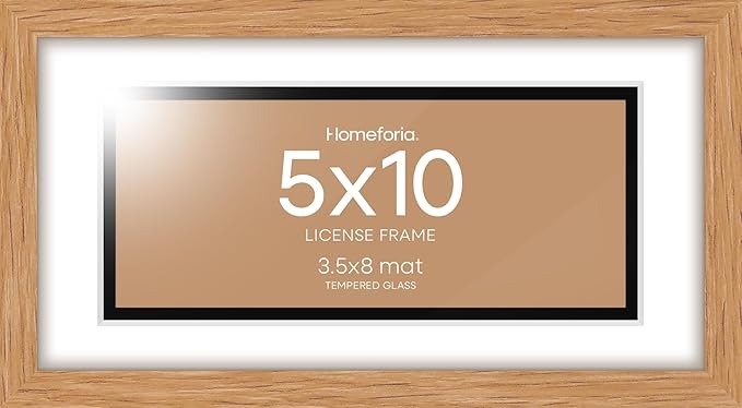 Homeforia 5x10 Business License Frame Wood, High End Natural Oak 5 x 10 Document Certificate Frames with Mat 4x9 inch, 10x5 Light Wooden Frames for Wall or Tabletop, Tempered Glass, Wall Kit, Set of 1
