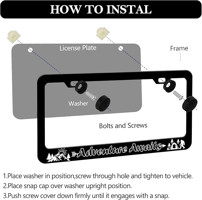 Adventure Awaits License Plate Frames - 2 PCS Personalized Mountain Camping Aluminum Metal License Plate Frames Holder, Car Decorative Tag Frames with Screws Fasteners Caps