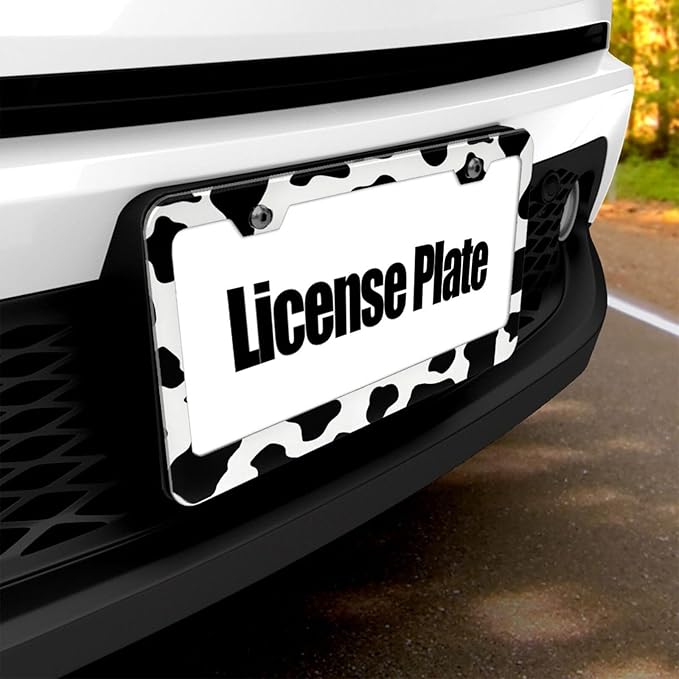 Cow Print License Plate Frame - 1 Pack Personalized Animal White Black Spot License Plate Holder Aluminum Metal Car Tag Cover with 2 Holes Decoration for US Vehicle Standard for Women Men