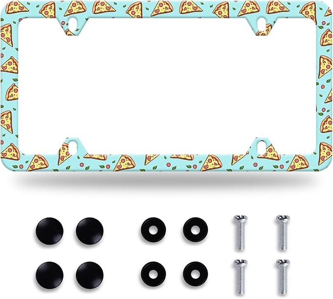 Pizza Slices License Plate Frame Lovely License Plate Stainless Steel Auto Parts Funny License Plate Decorative with Screws Size 12.3" x 6.3" for Women Men