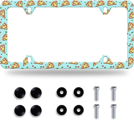 Pizza Slices License Plate Frame Lovely License Plate Stainless Steel Auto Parts Funny License Plate Decorative with Screws Size 12.3" x 6.3" for Women Men